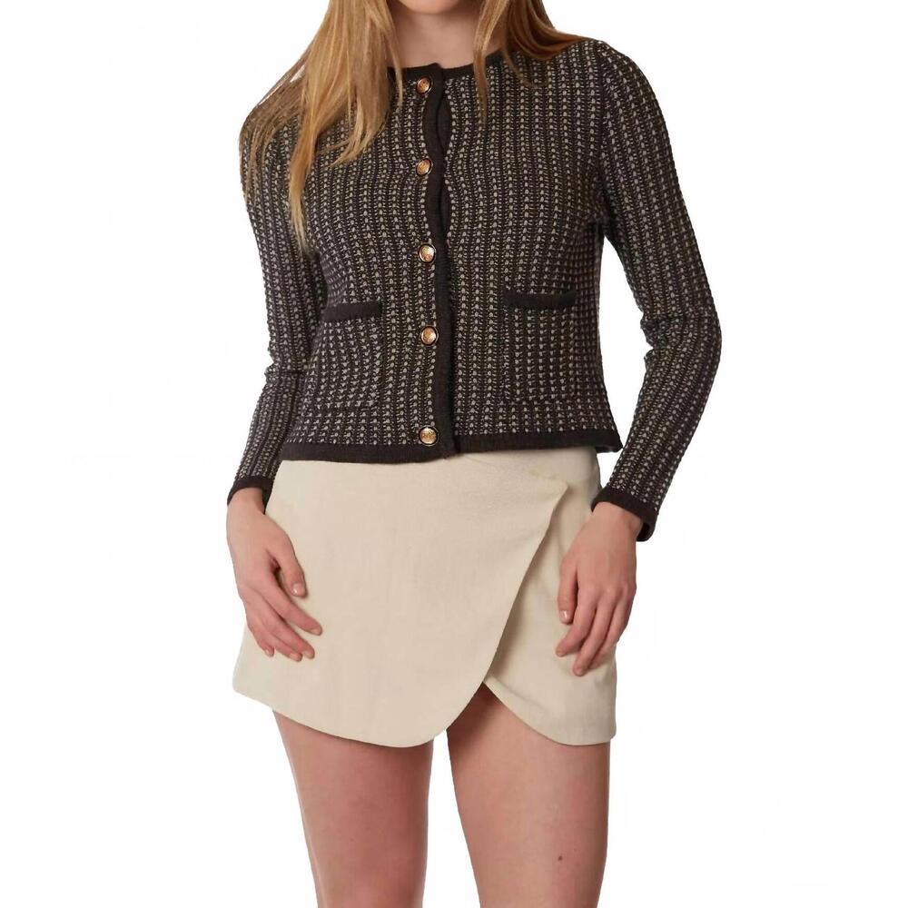 NEW THEO THE LABEL tweed button cardigan in charcoal